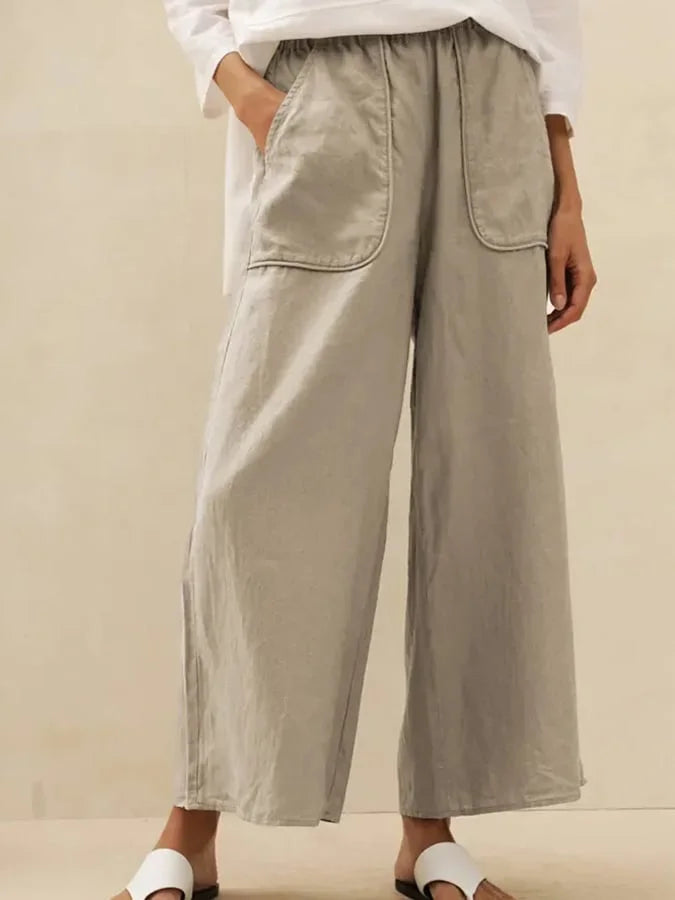 Women's Linen Wide-Leg Pants with Large Pockets