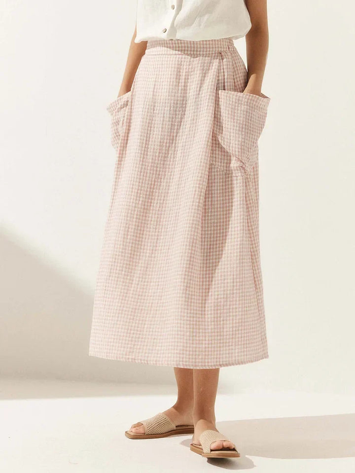 Women's Linen Checkered Skirt with Elastic Waist