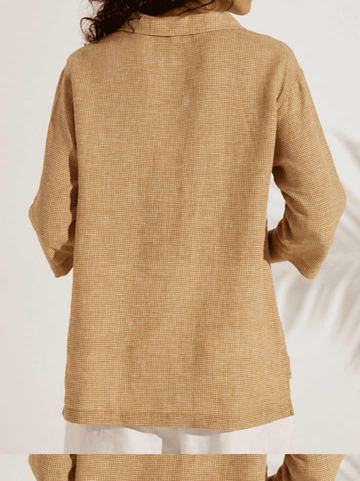 Women's Casual Checked Linen Classic Collar Shirt