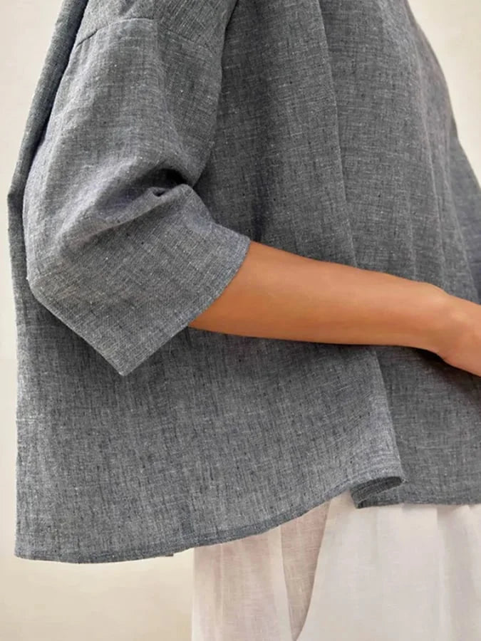 Women's Linen Casual Blouse with Round Neck and Long Sleeves