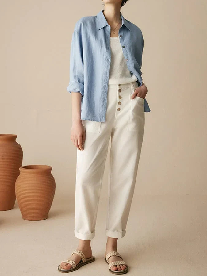 Women's Linen Straight Pants with Buttons