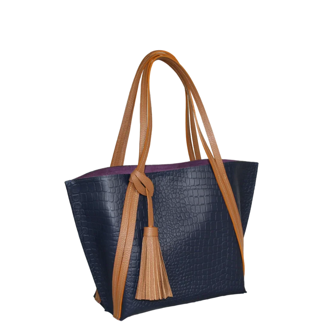 Eleonora Women's Leather Handbag in Dark Blue with Reptile Design