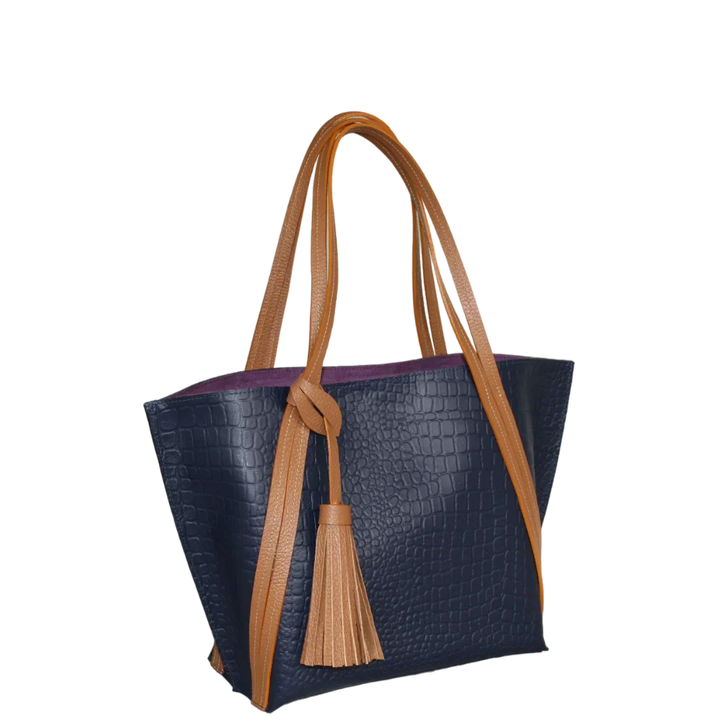Eleonora Women's Leather Handbag in Dark Blue with Reptile Design