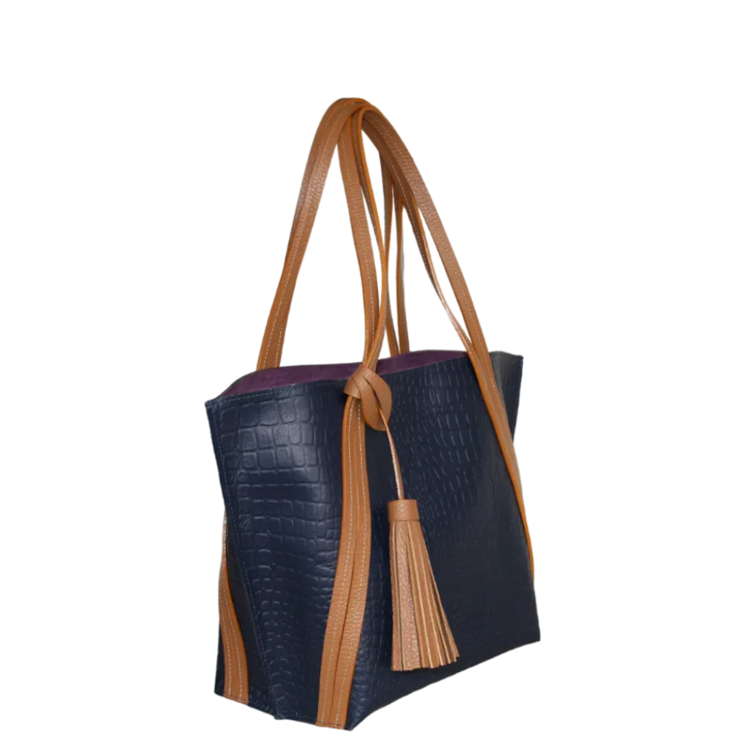 Eleonora Women's Leather Handbag in Dark Blue with Reptile Design