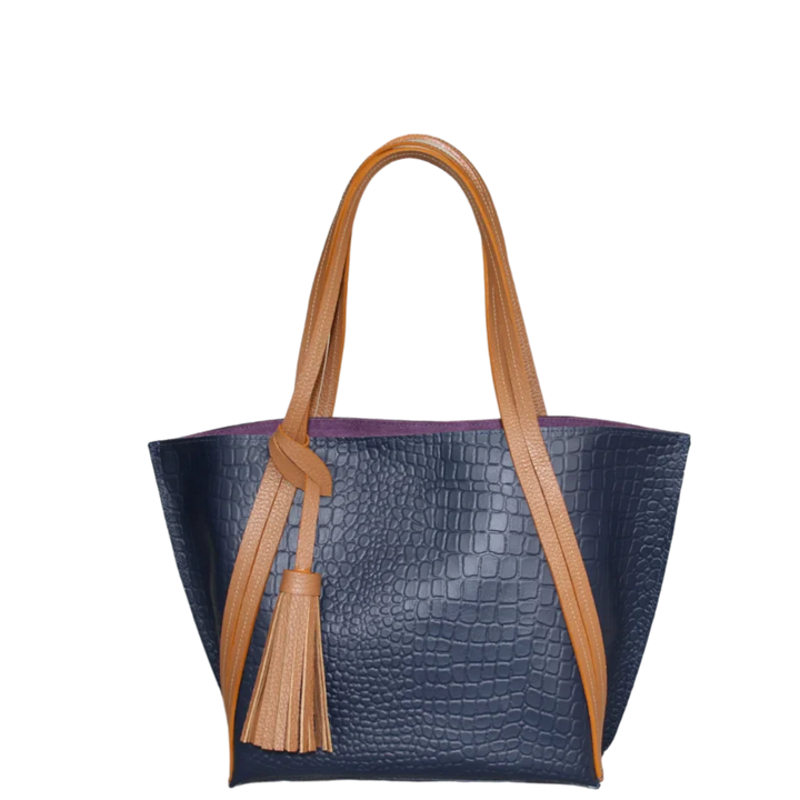 Eleonora Women's Leather Handbag in Dark Blue with Reptile Design