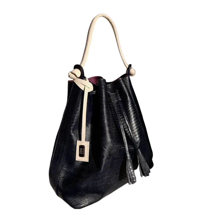 Black Leather Handbag for Women in Jade Reptile Design