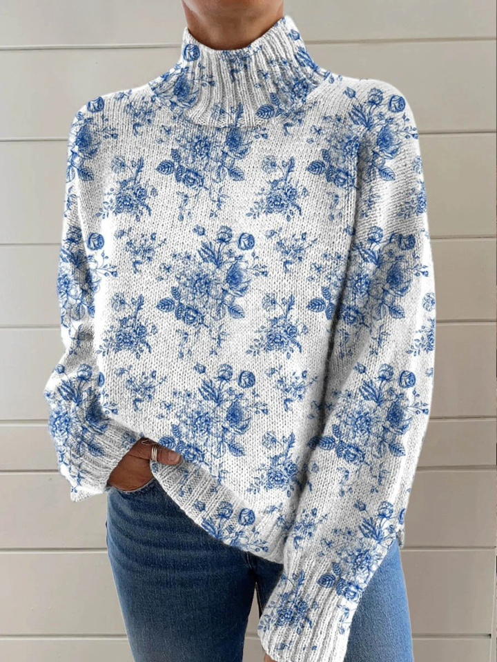 Charming Floral Pattern - Artistic Print on Turtleneck Sweater