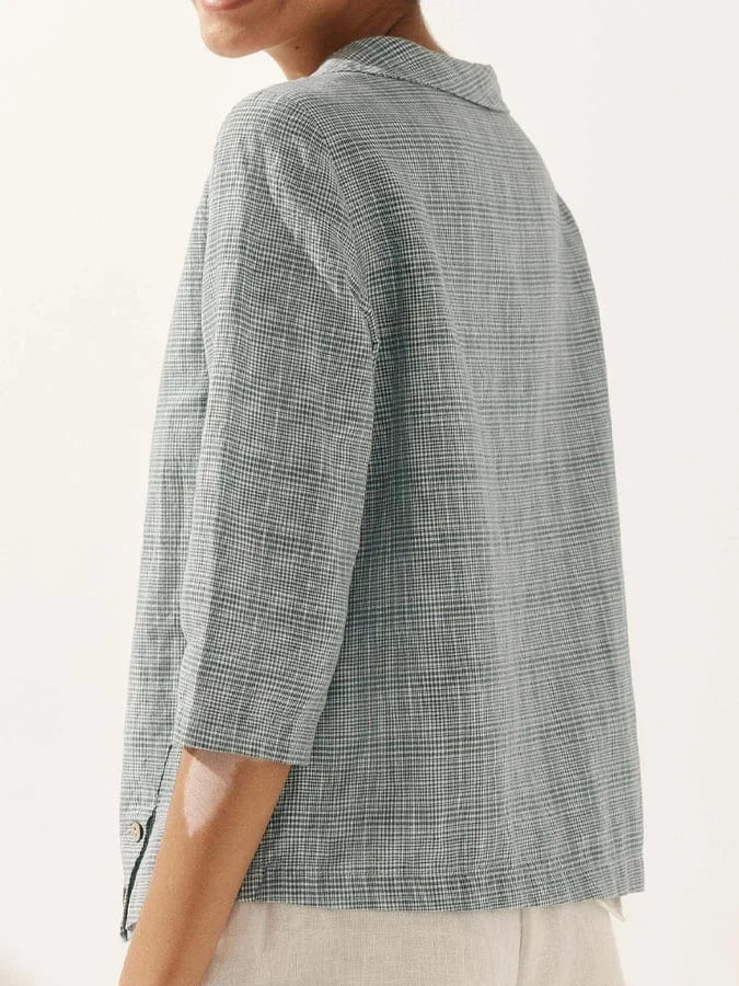 Women's Linen Checkered Blouse with Soft Crew Neck