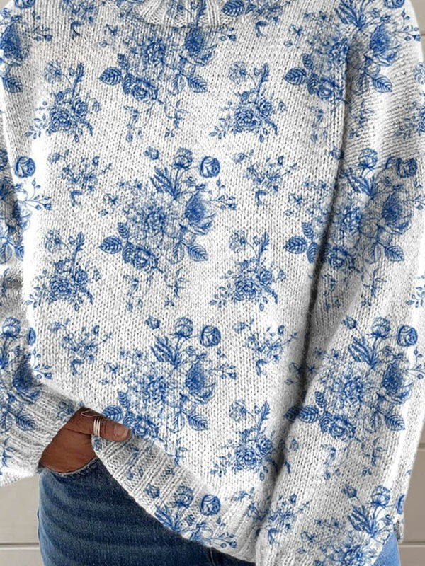Charming Floral Pattern - Artistic Print on Turtleneck Sweater