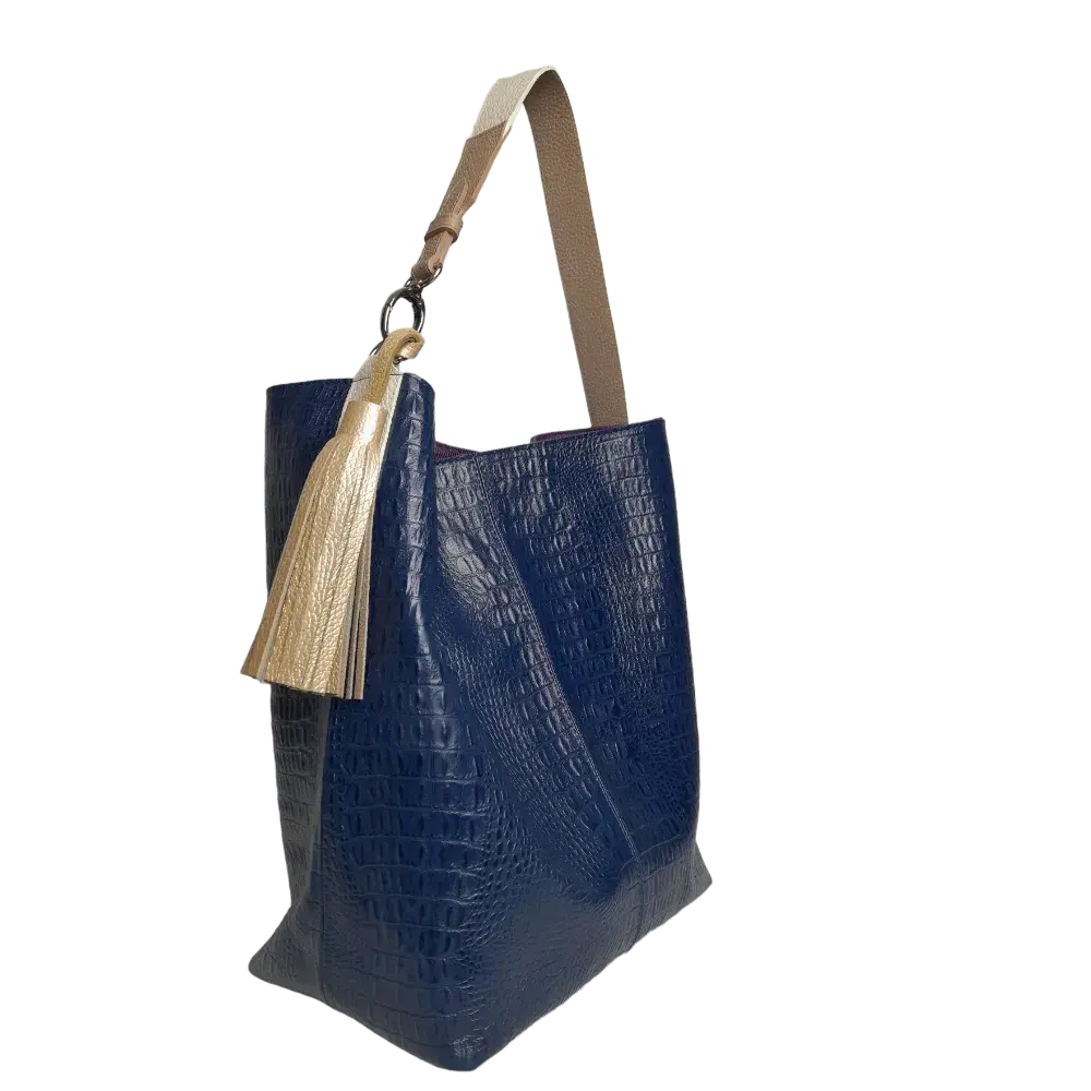 Serenity Women's Handbag in Dark Blue Leather with Reptile Pattern