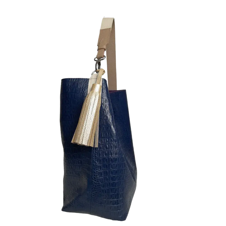 Serenity Women's Handbag in Dark Blue Leather with Reptile Pattern