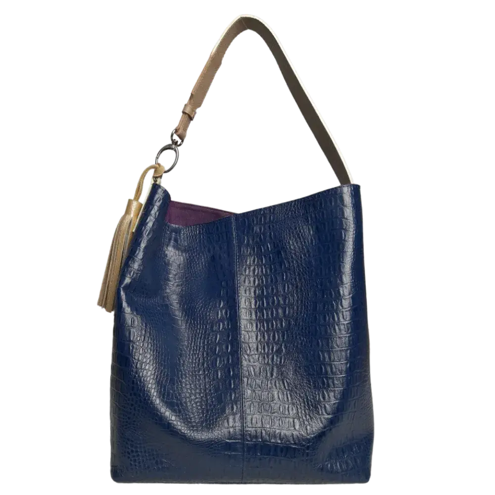 Serenity Women's Handbag in Dark Blue Leather with Reptile Pattern