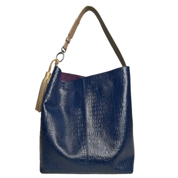 Serenity Women's Handbag in Dark Blue Leather with Reptile Pattern