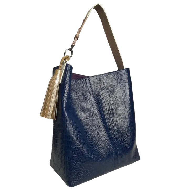 Serenity Women's Handbag in Dark Blue Leather with Reptile Pattern