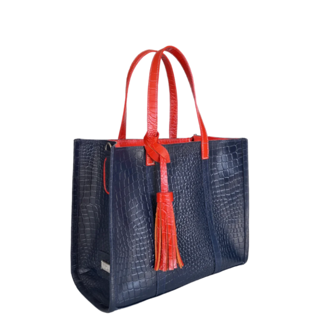 Greta Women's Handbag in Dark Blue with Reptile Embossing