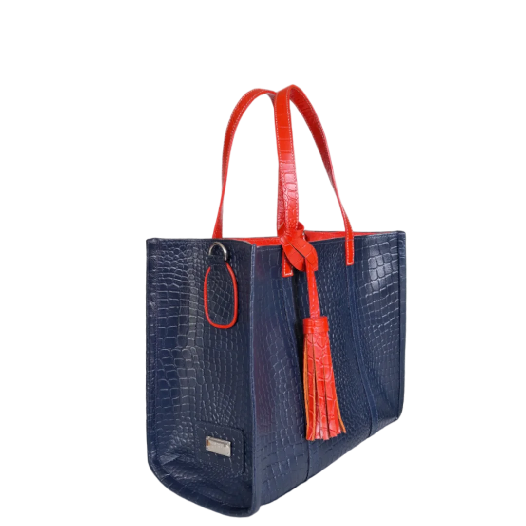 Greta Women's Handbag in Dark Blue with Reptile Embossing