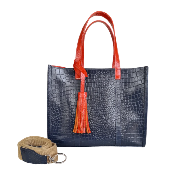 Greta Women's Handbag in Dark Blue with Reptile Embossing