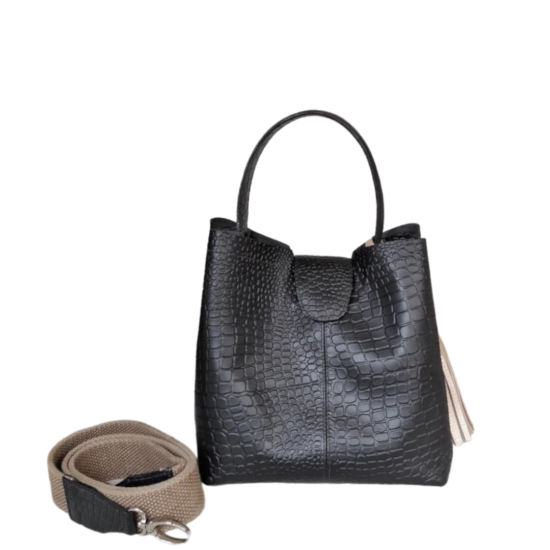 Black Small Leather Handbag for Women - Lucia Reptil