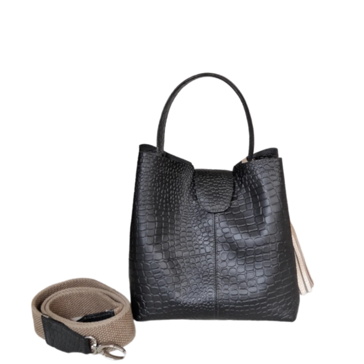 Black Small Leather Handbag for Women - Lucia Reptil