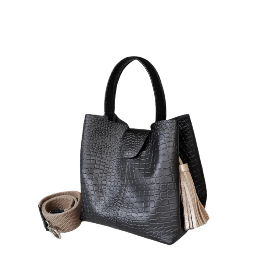 Black Small Leather Handbag for Women - Lucia Reptil
