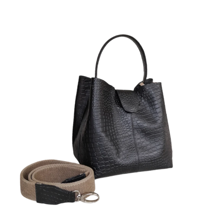 Black Small Leather Handbag for Women - Lucia Reptil
