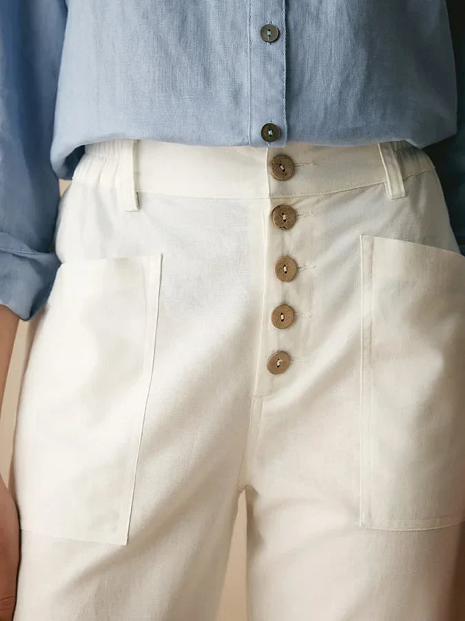 Women's Linen Straight Pants with Buttons