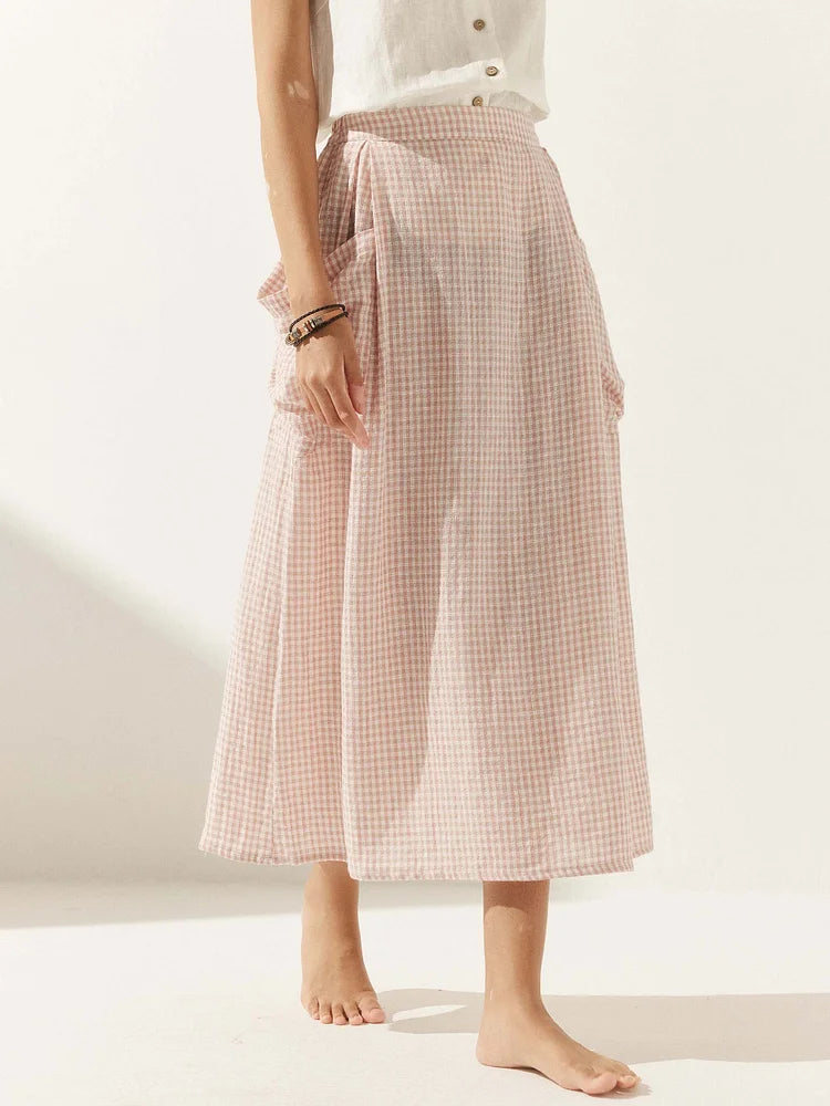 Women's Linen Checkered Skirt with Elastic Waist