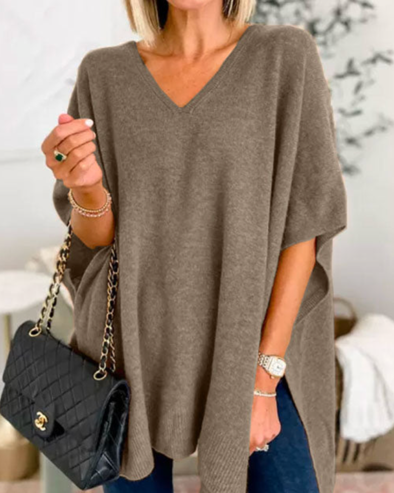 Erica - V Neck Loose Fit Solid Poncho Sweater