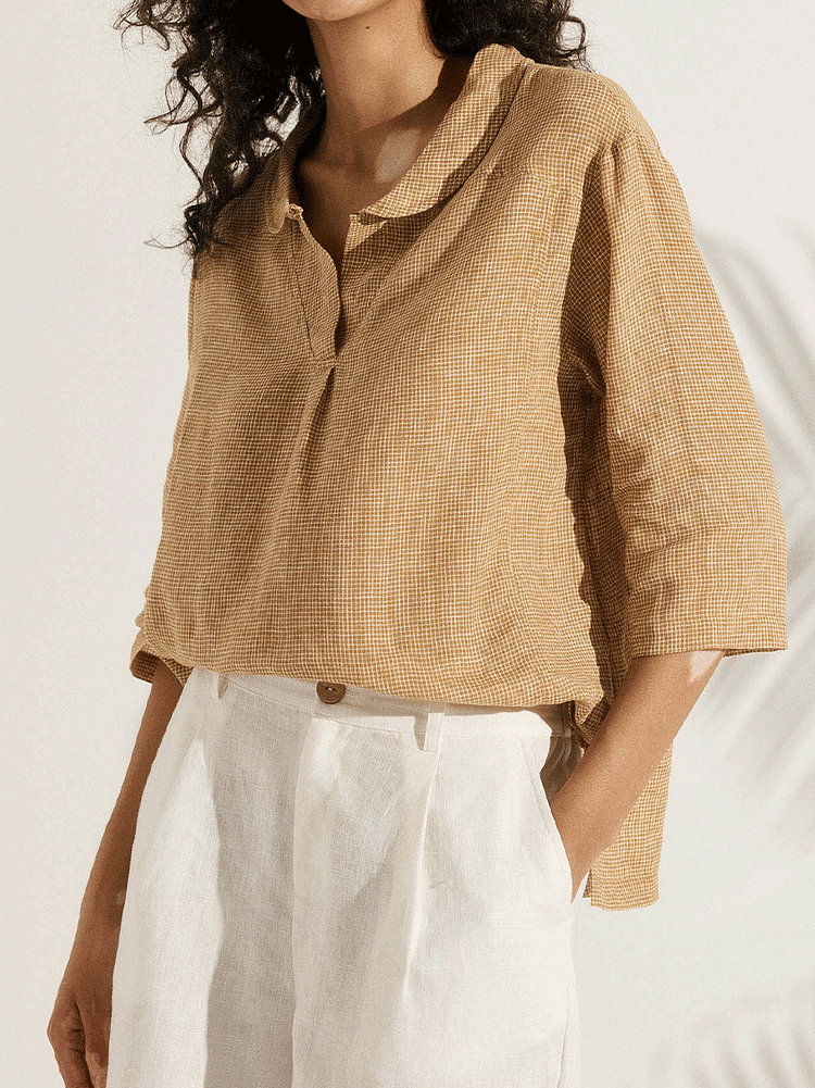 Women's Casual Checked Linen Classic Collar Shirt