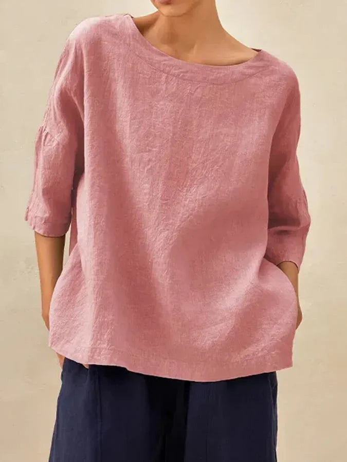 Women's Linen Blouse with Boat Neck and Three-Quarter Sleeves