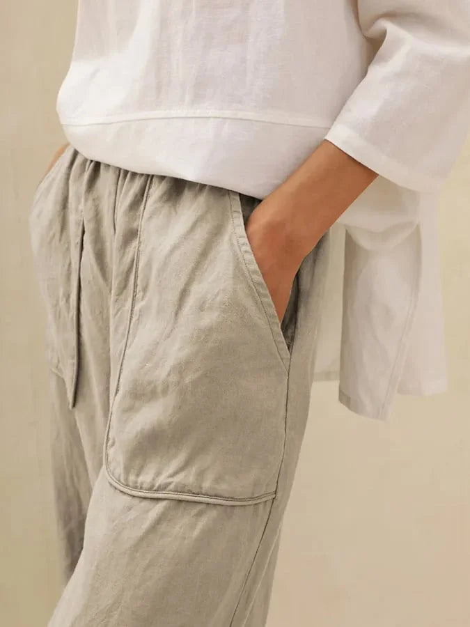 Women's Linen Wide-Leg Pants with Large Pockets