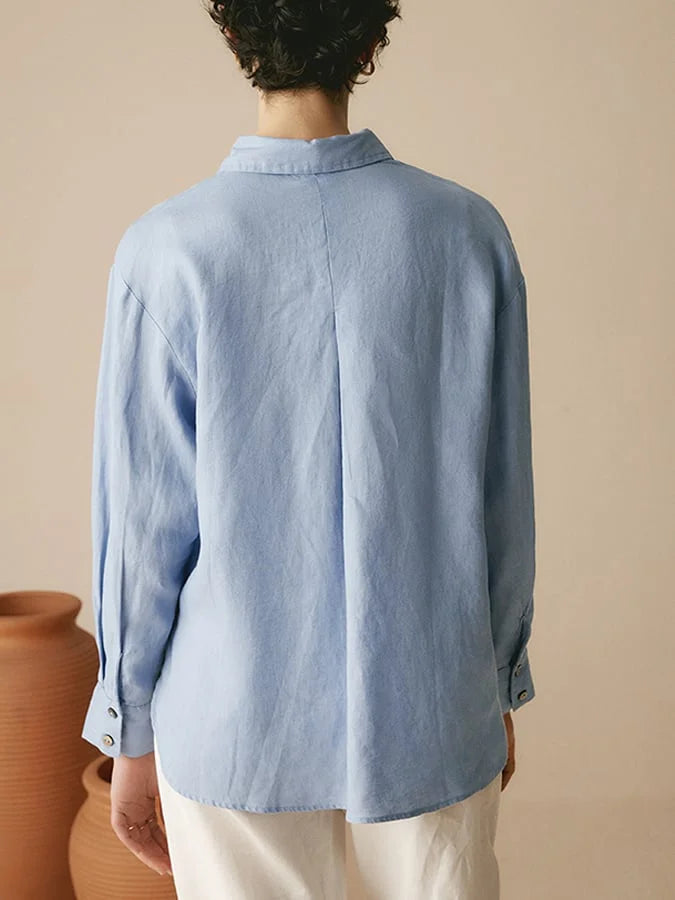 Women's Casual Linen Shirt with Lapels and Long Sleeves