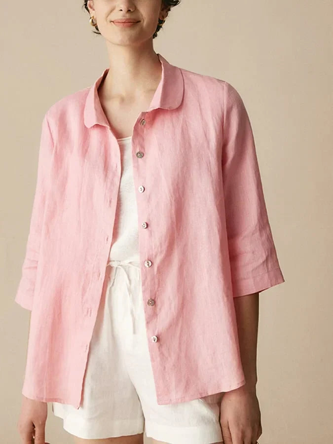 Women's Casual Linen Shirt with Peter Pan Collar and 3/4 Sleeves