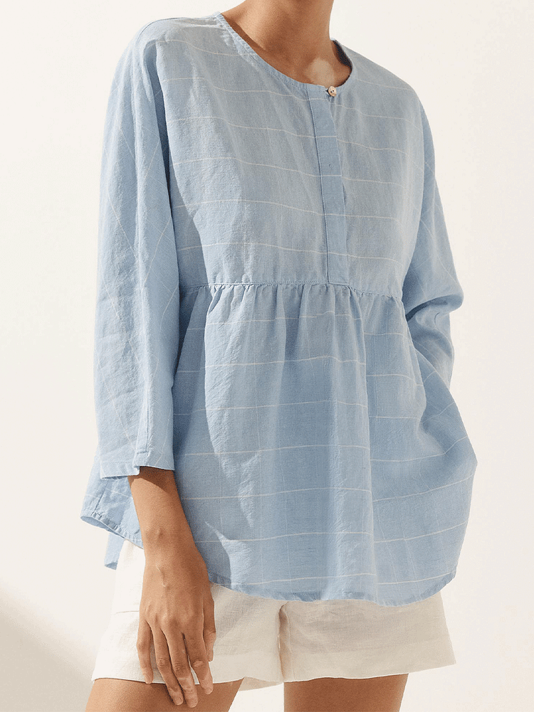 Women's Casual Checked Classic Linen Button-Down Shirt with Round Neck