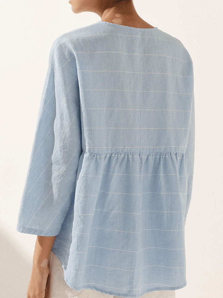 Women's Casual Checked Classic Linen Button-Down Shirt with Round Neck