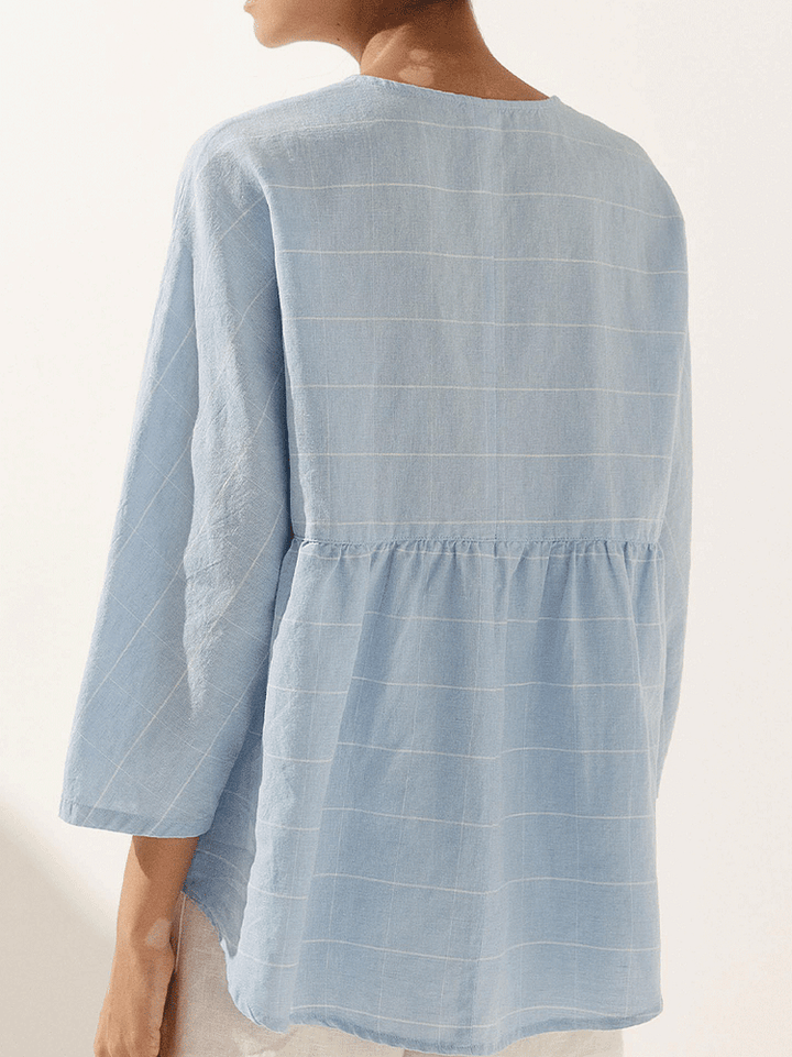 Women's Casual Checked Classic Linen Button-Down Shirt with Round Neck