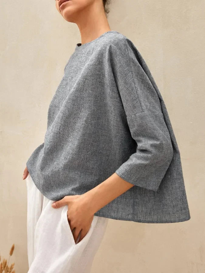 Women's Linen Casual Blouse with Round Neck and Long Sleeves