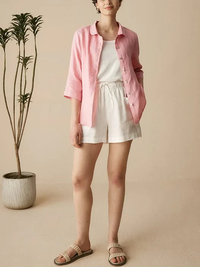 Women's Casual Linen Shirt with Peter Pan Collar and 3/4 Sleeves
