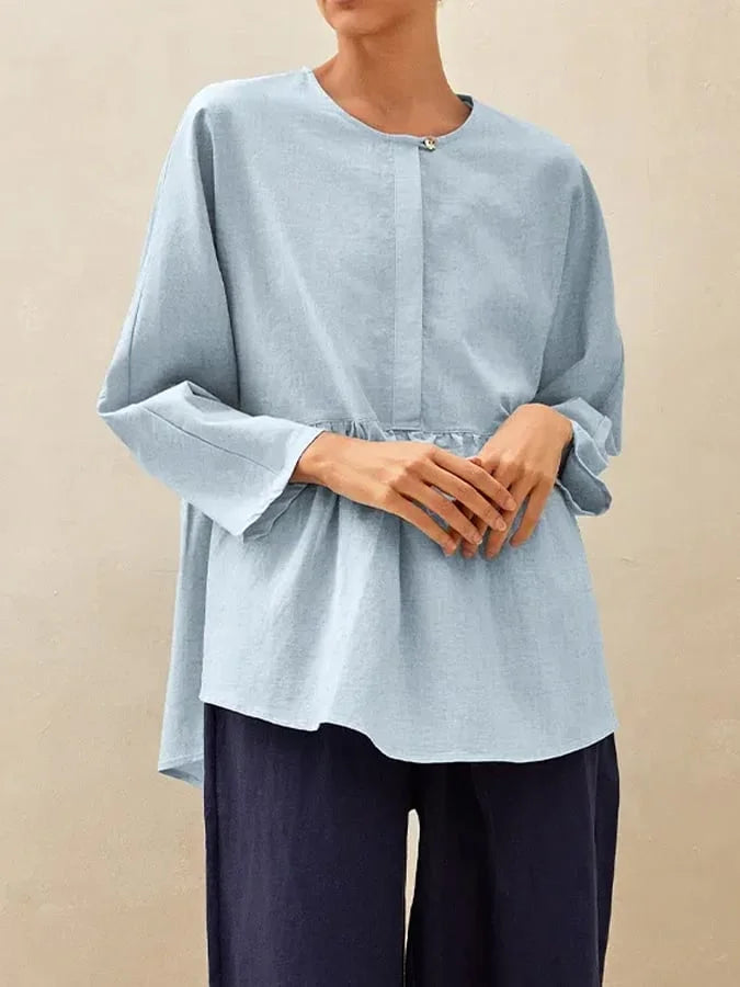 Women's Linen Long Sleeve Crew Neck Blouse