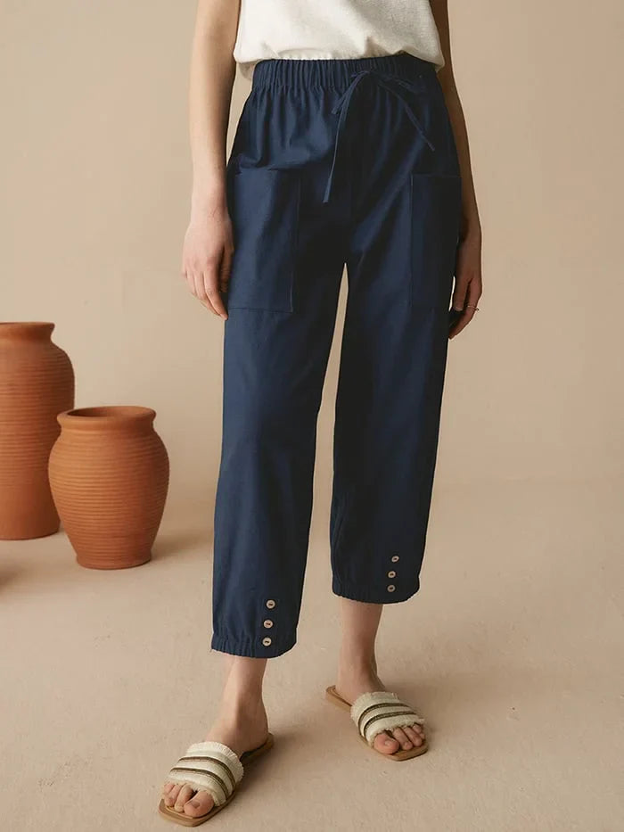Women's Linen Straight Pants with Buttons 3/4