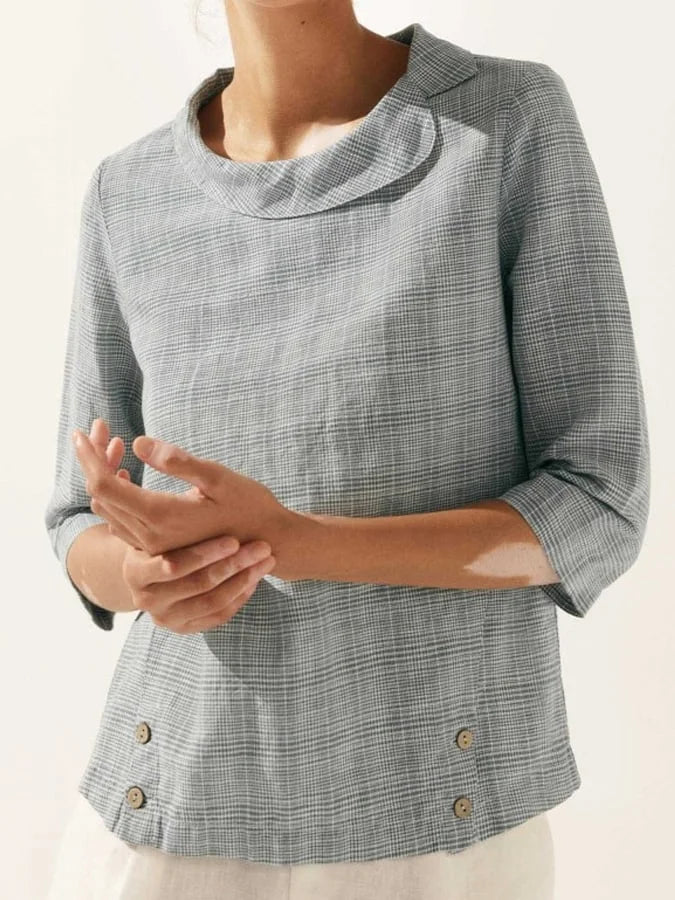 Women's Linen Checkered Blouse with Soft Crew Neck
