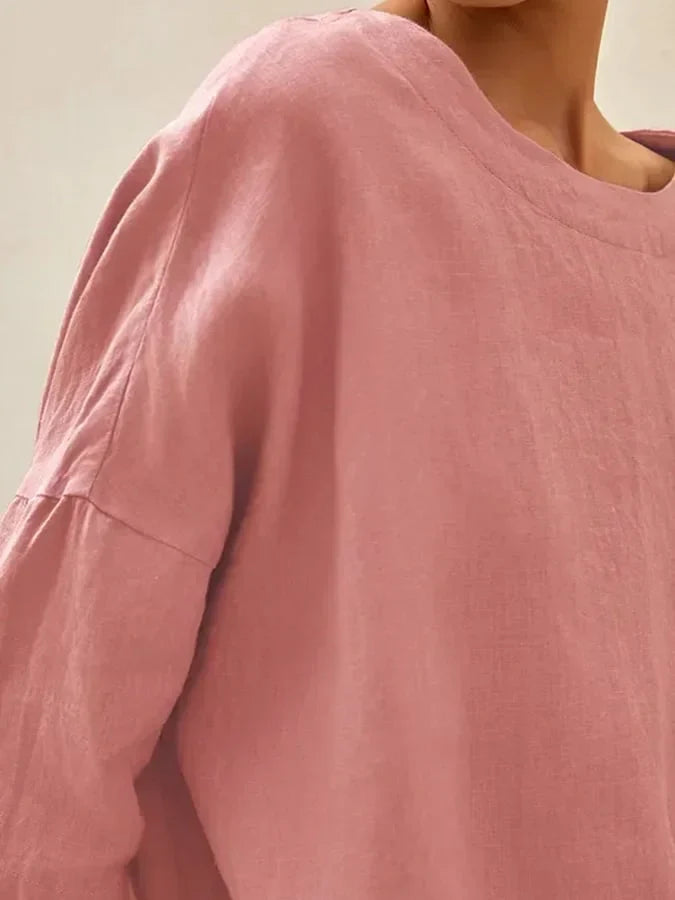 Women's Linen Blouse with Boat Neck and Three-Quarter Sleeves