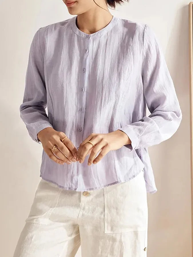 Linen Women's Shirt with Round Neck and Layered Waist Detail