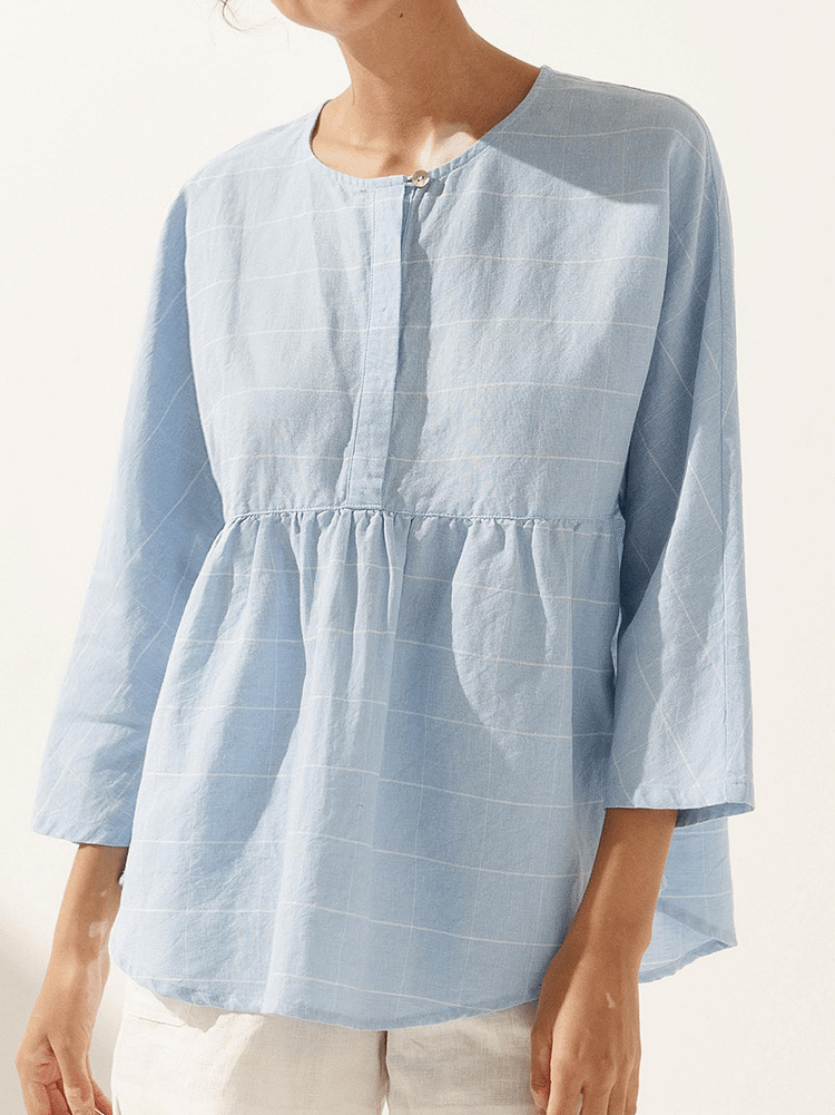 Women's Casual Checked Classic Linen Button-Down Shirt with Round Neck