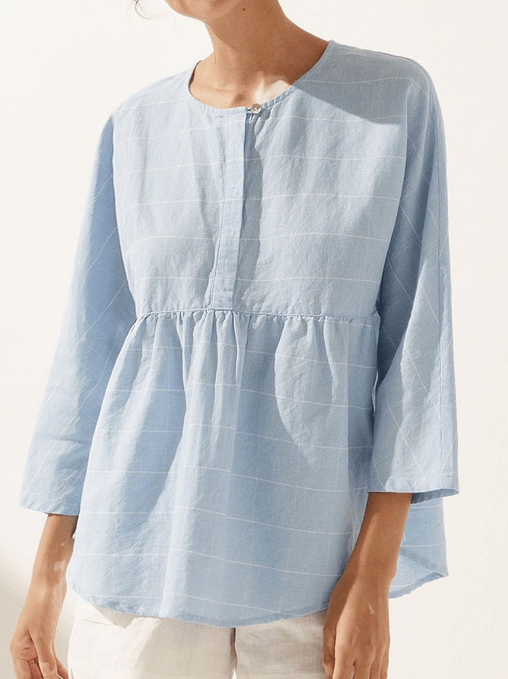 Women's Casual Checked Classic Linen Button-Down Shirt with Round Neck