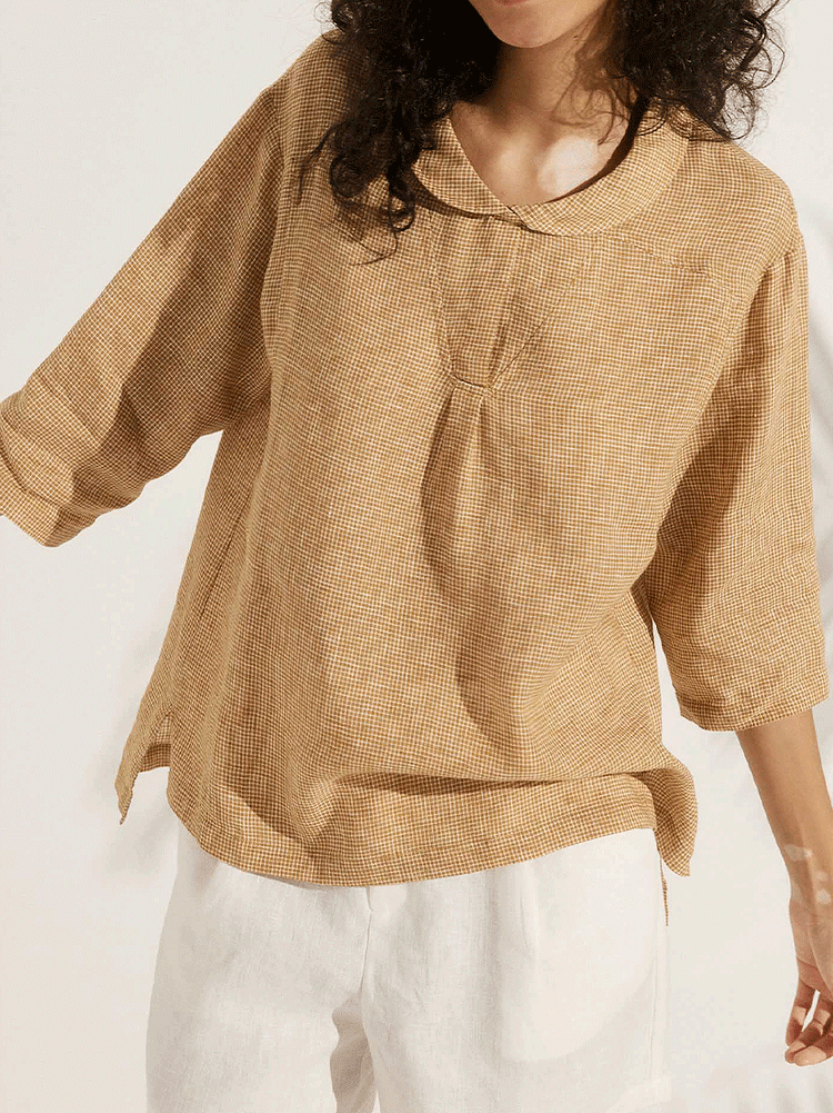 Women's Casual Checked Linen Classic Collar Shirt
