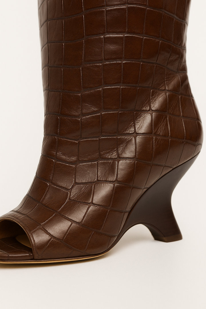 Croc-Embossed Peep Toe Knee-High Boots
