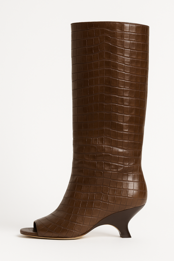 Croc-Embossed Peep Toe Knee-High Boots