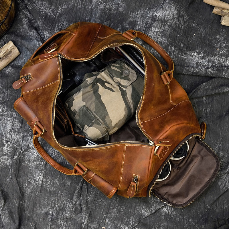 Retro Crazy Horse Leather Travel Bag with Separate Shoe Compartment