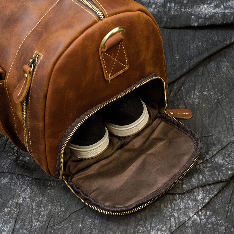 Retro Crazy Horse Leather Travel Bag with Separate Shoe Compartment